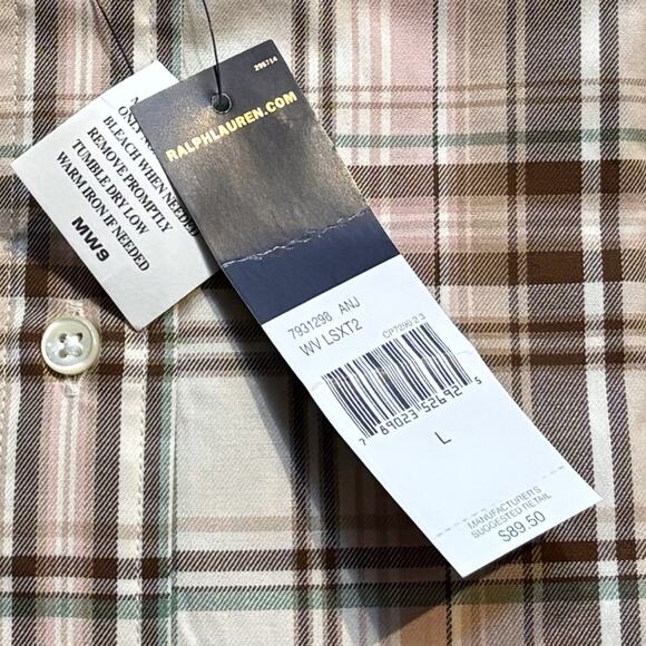 Vintage Polo Ralph Lauren Plaid Button Down Classic Fit Tan Large Cotton NWT - Picture 4 of 4